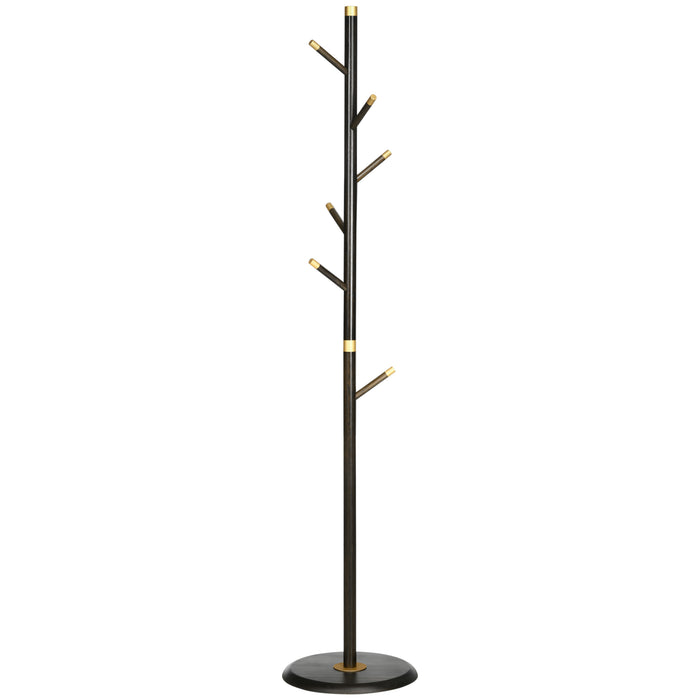 Vintage Style Coat Rack - Free-Standing Bamboo Hall Tree with 6 Hooks for Entryway, Hallway, Bedroom - Elegant Walnut Finish Storage Solution