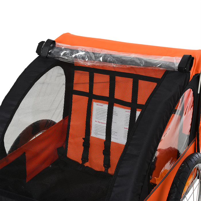 2-Seat Bicycle Child Trailer & Jogger - Steel Frame with Safety Harness and Seat Carrier in Orange and Black, 130x76x88cm - Perfect for Active Parents with Kids