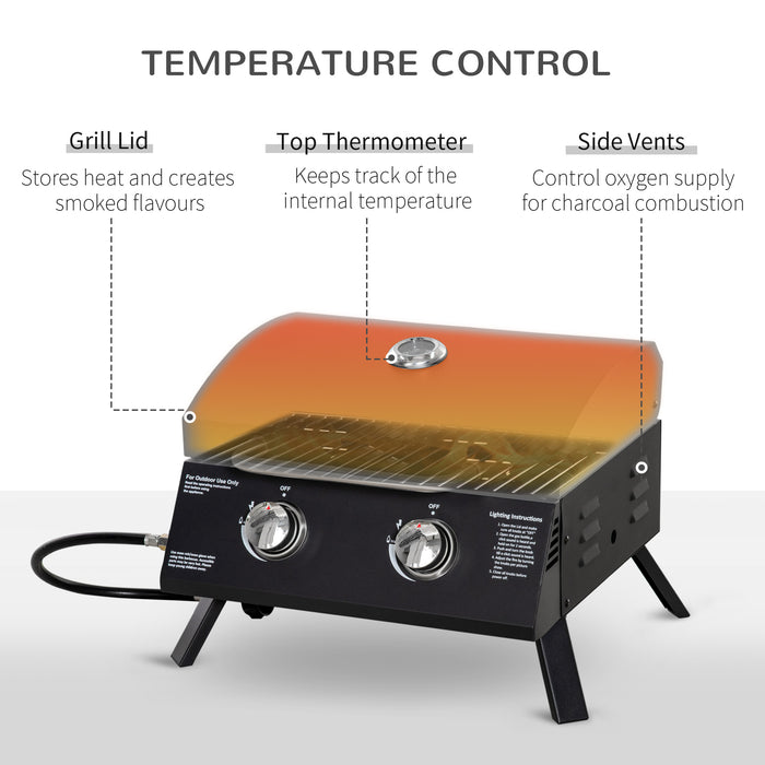 Portable 2-Burner Gas Grill with Folding Legs - Outdoor Tabletop BBQ, Built-in Thermometer, Durable Carbon Steel Construction - Perfect for Patio, Camping & Tailgating