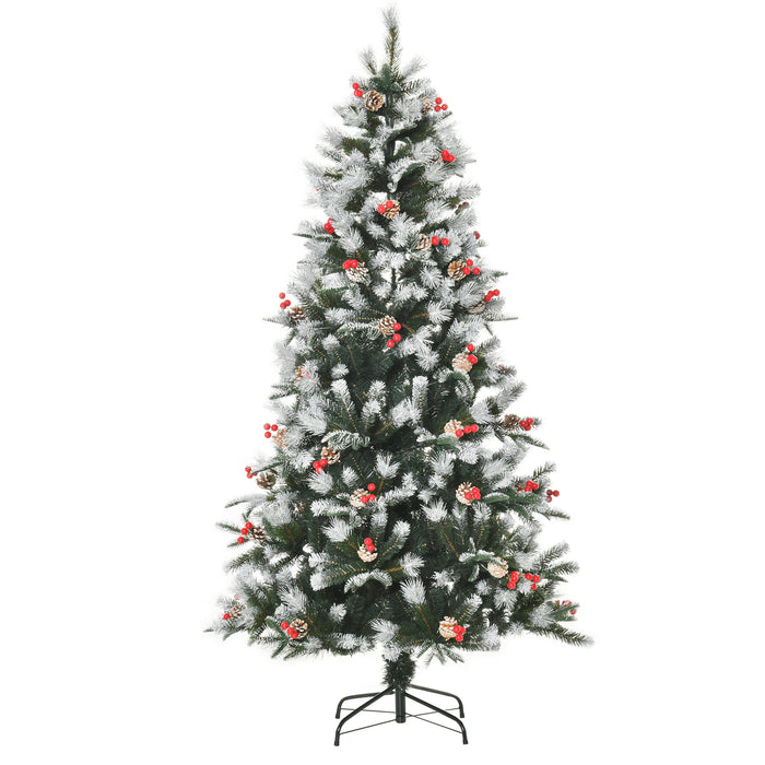 6ft Artificial Snow-Dipped Pencil Christmas Tree - Xmas Holiday Decor with Red Berries & White Pinecones, Foldable Base - Ideal for Home & Party Festivities