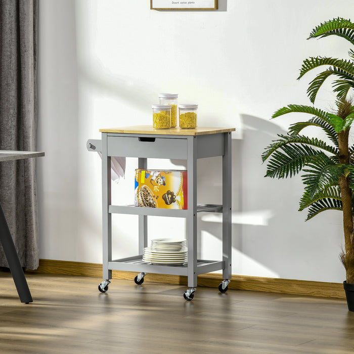 Rubberwood Top Kitchen Trolley - Rolling Utility Cart with Towel Rack, Storage Shelves & Drawer - Mobile Serving Solution for Dining Spaces in Grey