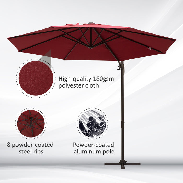 3M Cantilever Umbrella with Aluminium Frame - Wine Red 360° Rotating Hanging Parasol with Cross Base - Ideal for Outdoor Shade and Sun Protection