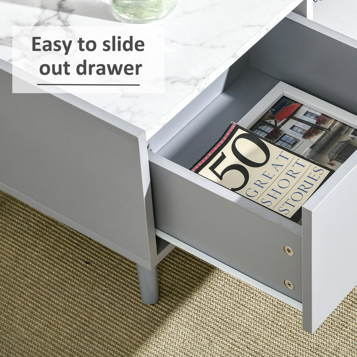 Duo Storage Two-Tone Coffee Table - Modern Marble Effect with Shelf and Drawer - Elegant Grey and White Side Table with Wooden Legs for Living Room