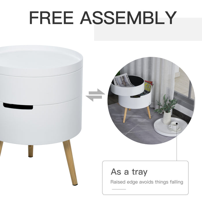 3-Tier Round Coffee & End Table Set with Storage - Dual Hidden Compartments, Detachable Tray Top - Ideal for Living Room Organization, Pair in White