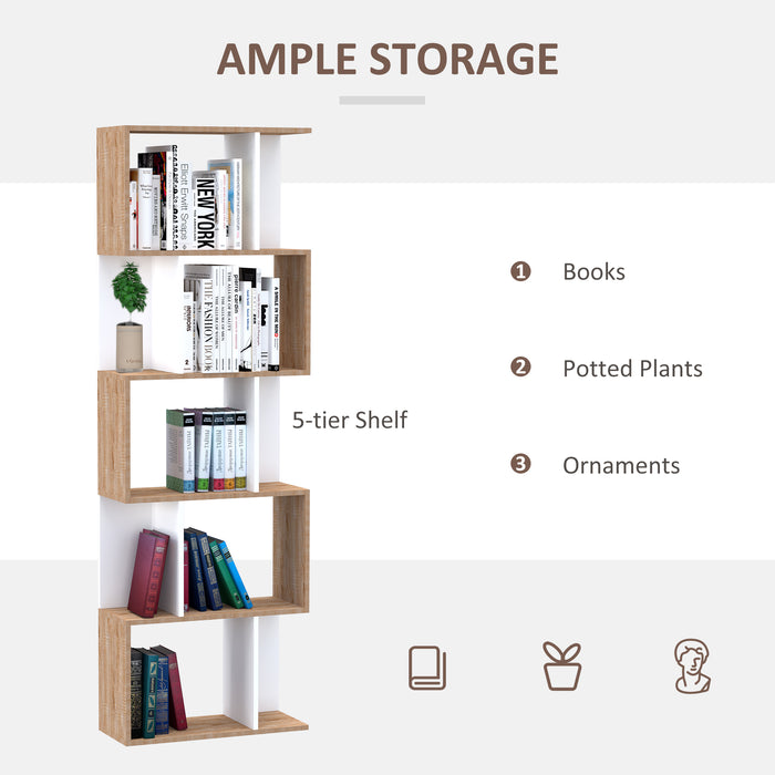 5-Tier S-Shaped Bookcase - Modern Storage Display Shelving Unit, Room Divider - Ideal for Home and Office Organization