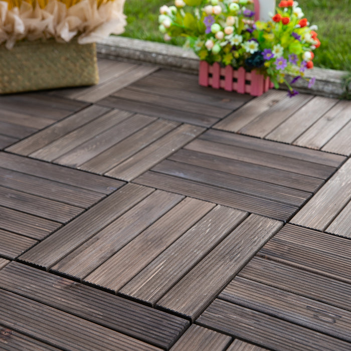 27-Piece Solid Wood Deck Tiles - Interlocking Patio and Balcony Flooring Set with Black Finish, 30x30cm Each - Ideal for Roof Terraces and Hot Tub Surrounds