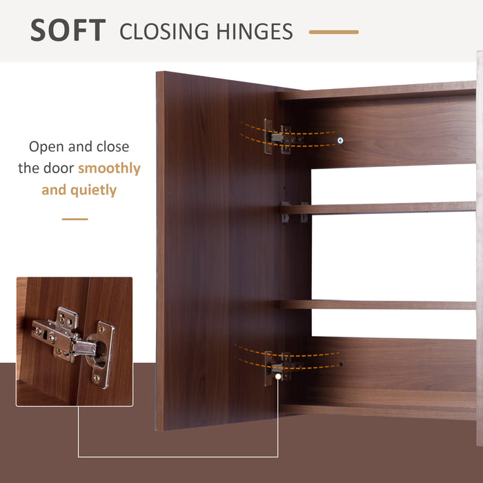 Wall Mounted Glass Mirror Cabinet in Light Walnut - Bathroom Storage Solution with Shelves, 63cm W x 60cm H x 13.5cm D - Ideal for Organizing Toiletries and Cosmetics