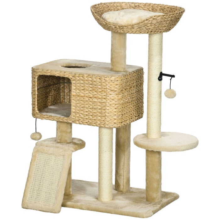 Deluxe 95cm Beige Cat Tree Tower - Multi-Level with Scratching Post, Cozy Cat House, Dangling Toy Ball, and Perch Platform - Perfect Play Structure for Climbing & Lounging Felines
