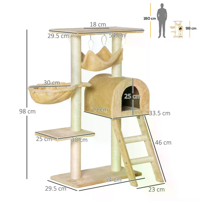Cat Tree Tower Kitten Activity Centre - Scratching Post, Hammock, Condo Bed, Basket, and Ladder - 98 cm Beige Playhouse for Cats