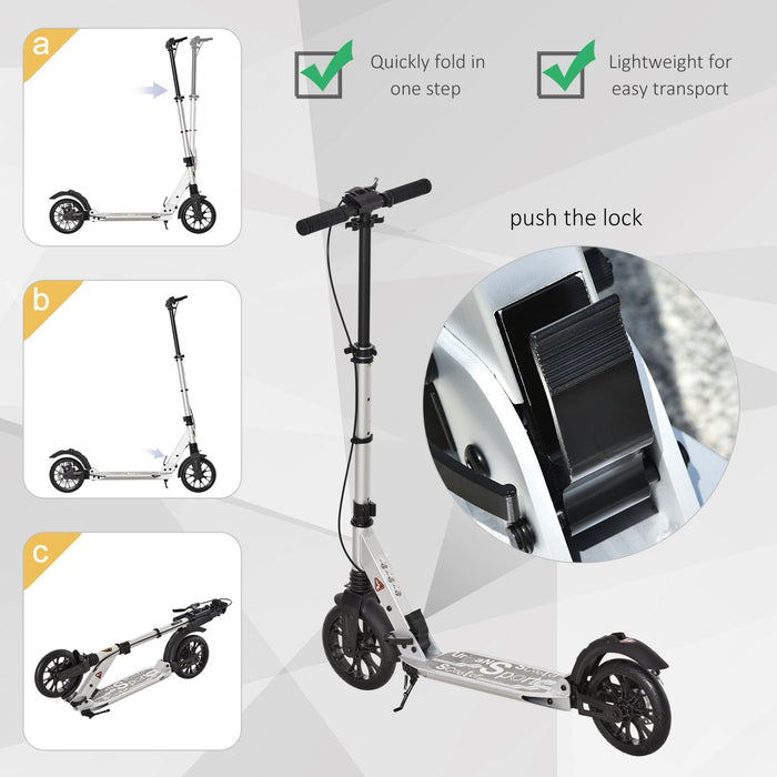 Foldable Adult & Teens Kick Scooter with Height Adjustment - Durable Aluminum Ride-On with Rear Wheel & Hand Brake, Shock Mitigation - Convenient Commuting for Ages 14 & Up, Silver Finish
