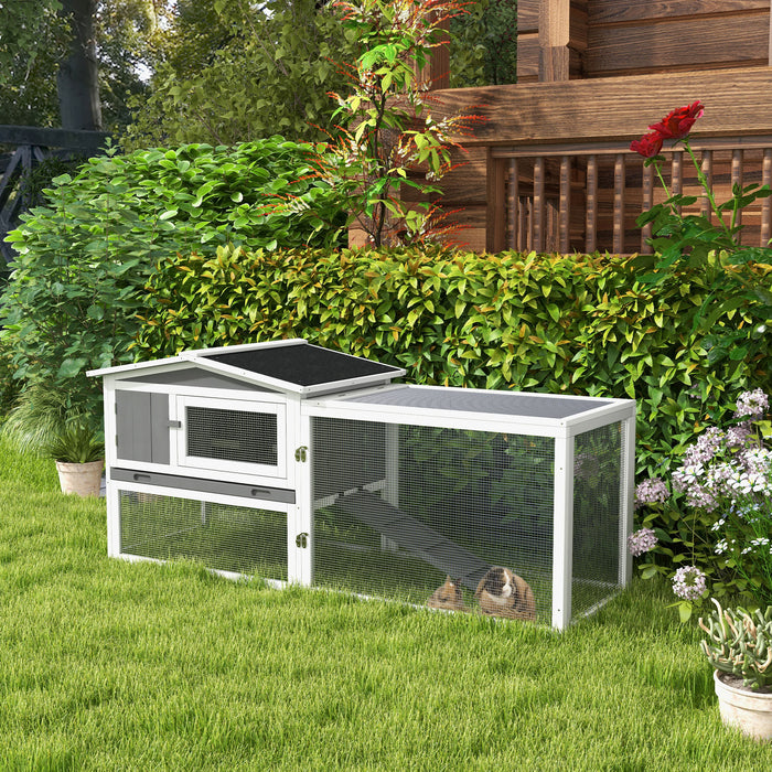 Outdoor Bunny Haven - Wooden Rabbit Hutch with Hay Rack, Ramp, and Hideaway - Ideal for Guinea Pigs and Small Pets, 156x58x68cm, Grey