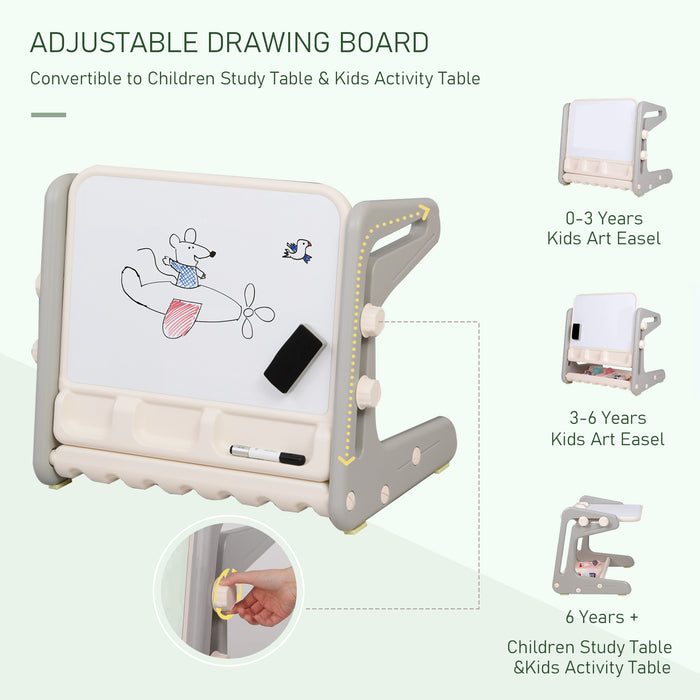Kids 2-in-1 Study Table and Chair Set - Drawing Board Writing Desk with Whiteboard, Pens, Eraser, Storage - Creative Learning Furniture for Toddlers in Grey/White