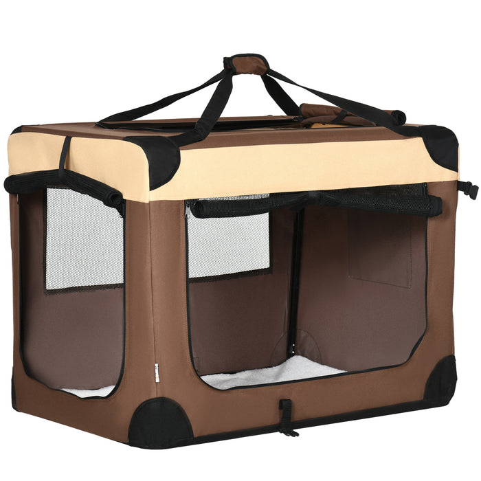 Foldable 91cm Animal Transport Crate - Comfy Cushioned Pet Carrier for Medium Dogs and Cats - Travel-Friendly in Stylish Brown
