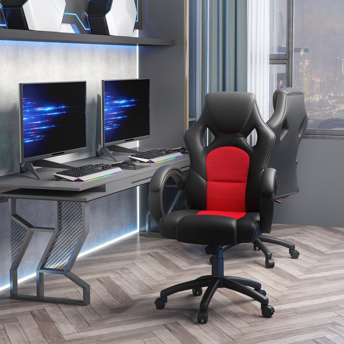 High-Back Swivel Chair - Faux Leather Home Office Desk Chair with Wheels and Armrests, Black & Red - Comfortable Seating for Work or Study