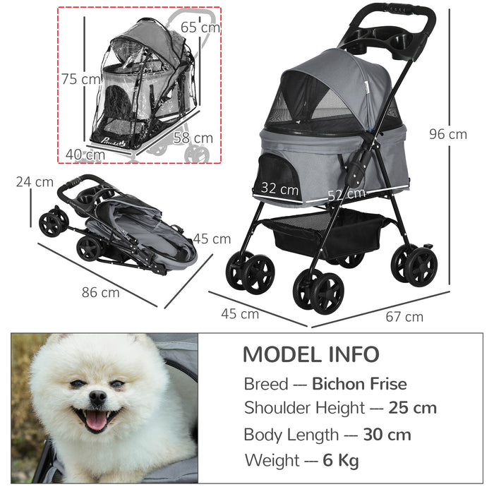 Foldable Dog Stroller with Rain Cover - Jogger Pet Pushchair with Smooth Wheels, Storage Basket & Adjustable Canopy - Convenient Safety Leash Design for Small Dogs, Grey