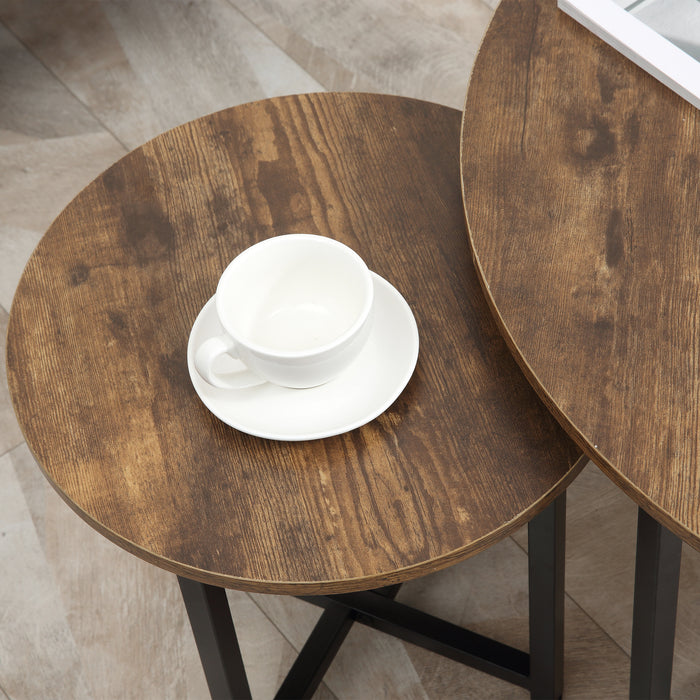 Nesting Round Coffee & Side Table Set of 2 - Rustic Brown with Industrial Metal Frame - Modern Living Room & Bedroom Furniture