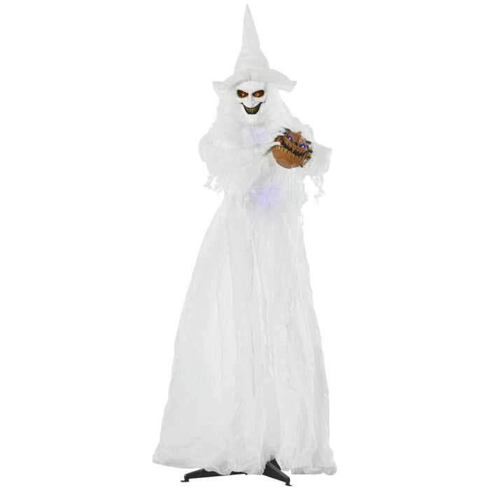 White Witch with Pumpkin Head - 72" Halloween Decoration, Light-Up Eyes, Motion-Activated Standing Skeleton Ghost Prop - Ideal for Haunted House and Seasonal Decor