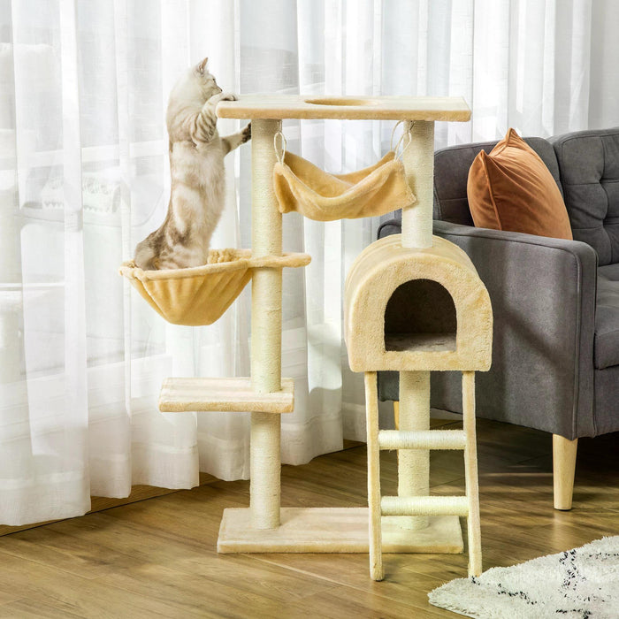 Cat Tree Tower Kitten Activity Centre - Scratching Post, Hammock, Condo Bed, Basket, and Ladder - 98 cm Beige Playhouse for Cats