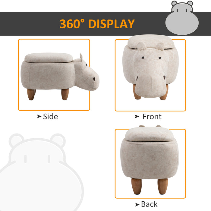 Hippo Storage Stool with Padded Lid - Adorable Animal Shaped Ottoman, Footrest, and Organizer with Wooden Frame Legs, Cream - Ideal for Kids Room and Playful Home Decor, 36 x 65cm