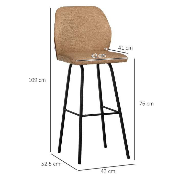 Linen-Touch Upholstered Bar Chairs Set of 2 - Kitchen Bar Stools with Backs and Sturdy Steel Legs in Light Brown - Ideal for Home Bar and Kitchen Island Seating