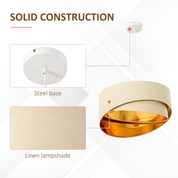 Contemporary Adjustable Pendant Chandelier - Bevel Nested Lampshades with Metal Finish, Beige & Gold - Elegant Lighting for Living Rooms and Bedrooms