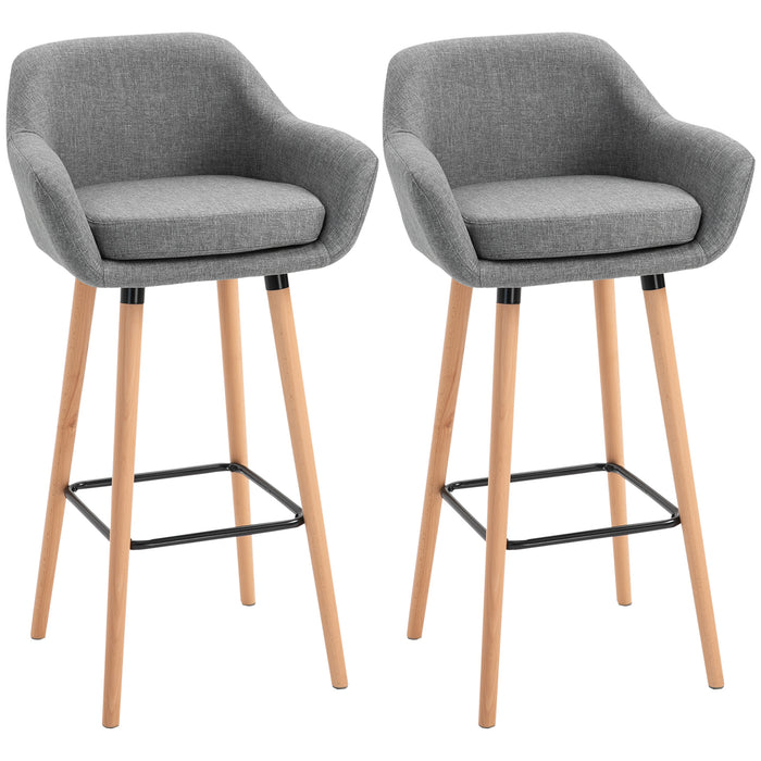 Modern Upholstered Bar Chairs, Set of 2 - Metal Frame with Solid Wood Legs, Grey Fabric - Stylish Seating for Living and Dining Spaces