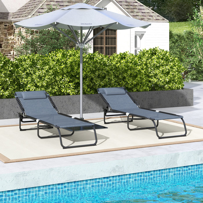 Folding Sun Lounger Set of 2 - Beach Chaise Chair with 4-Position Adjustable Backrest, Grey - Ideal for Garden, Camping & Relaxation