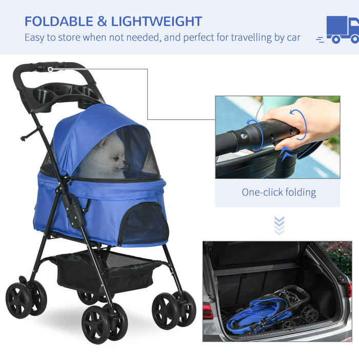 Deluxe Pet Stroller with Waterproof Rain Cover - Easy One-Click Fold Trolley, EVA Wheels, Braking System, Bottom Storage Basket, & Adjustable Canopy - Comfortable Ride for Small Dogs and Cats with Safety Leash Feature