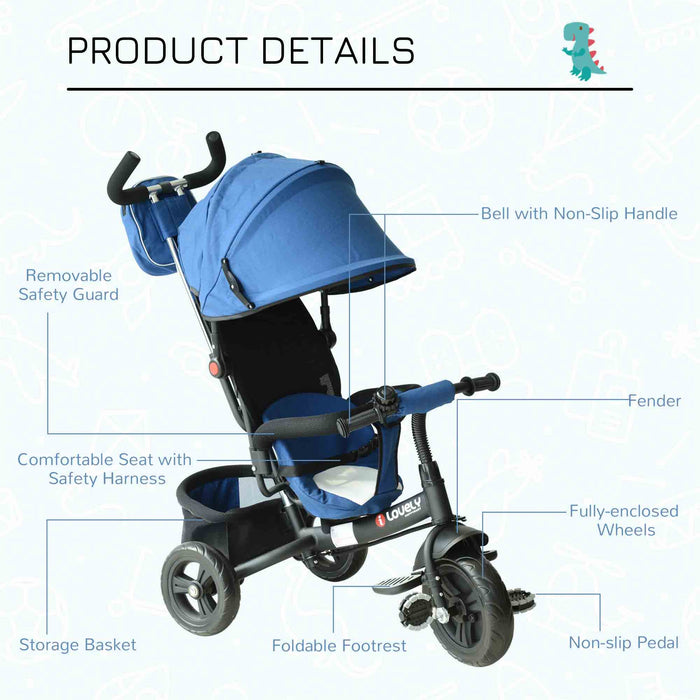 Blue Toddler Tricycle with Protective Canopy - Safety-First Design, Durable Ride-on Toy for Kids - Ideal Outdoor Fun for Little Explorers