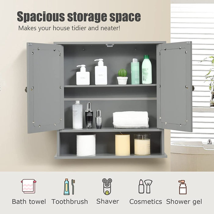 Grey Wooden Medicine Organizer - Hanging Design with Mirror and Adjustable Shelf - Ideal for Simplified Bathroom Storage