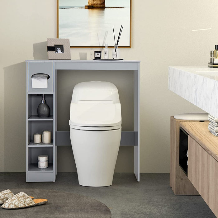 Grey Bathroom Space Saver - Freestanding Storage Unit with Toilet Paper Holder - Ideal for Optimizing Bathroom Space