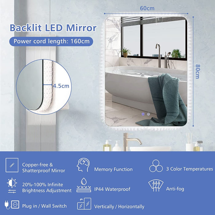 80x60cm Wall Mounted Mirror, Includes Demister Pad - Ideal for Clear, Condensation-Free Reflections