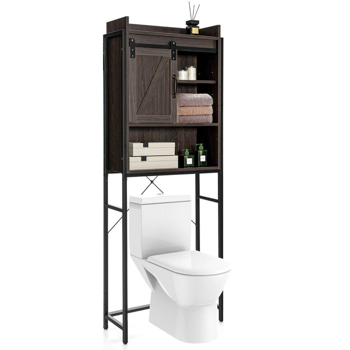 Over-The-Toilet Cabinet - Freestanding Storage Unit with Sliding Barn Door in Brown - Ideal for Bathroom Space Optimization
