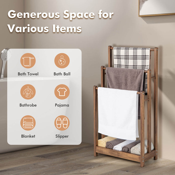 Wooden Towel Rack - Freestanding Design with 3 Bars and Storage Shelf in Grey - Ideal for Bath Towel Organization and Space Saving Storage Solution
