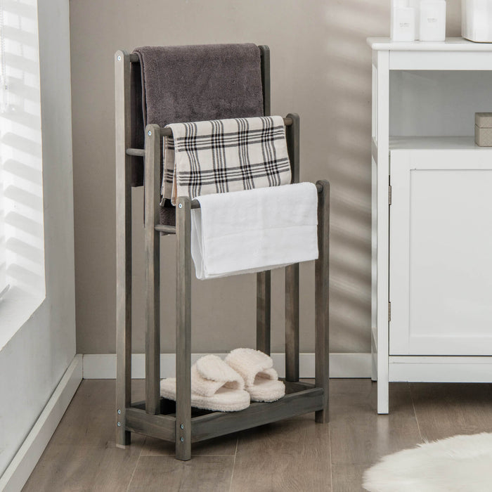 Wooden Towel Rack - Freestanding Design with 3 Bars and Storage Shelf in Grey - Ideal for Bath Towel Organization and Space Saving Storage Solution