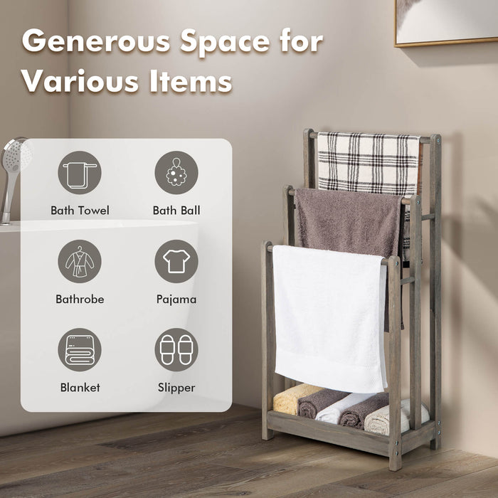 Wooden Towel Rack - Freestanding Design with 3 Bars and Storage Shelf in Grey - Ideal for Bath Towel Organization and Space Saving Storage Solution