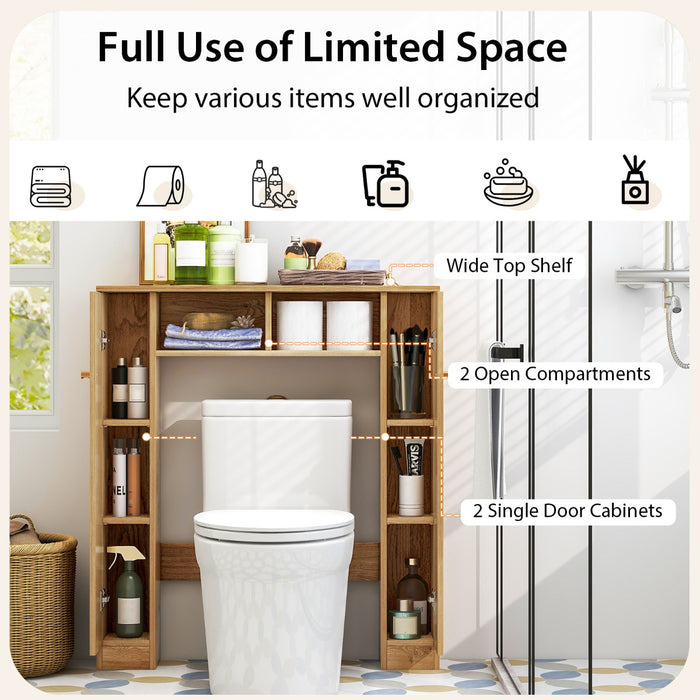 Over Toilet Storage Cabinet - 2 Open Compartments, 4 Adjustable Natural Wood Shelves - Ideal Space Saving Solution for Bathroom Storage