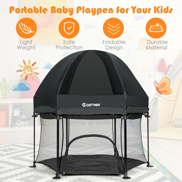 Baby Gear Portable Playpen - Breathable Mesh Design with Removable Canopy in Black - Ideal for Safe Baby Playtime