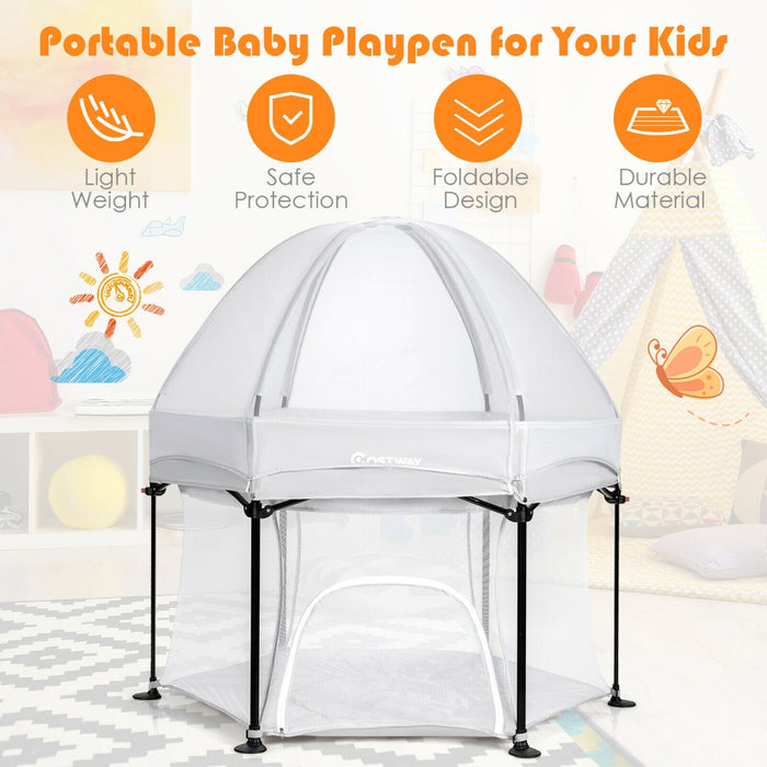 Baby Gear Portable Playpen - Breathable Mesh Design with Removable Canopy in Black - Ideal for Safe Baby Playtime