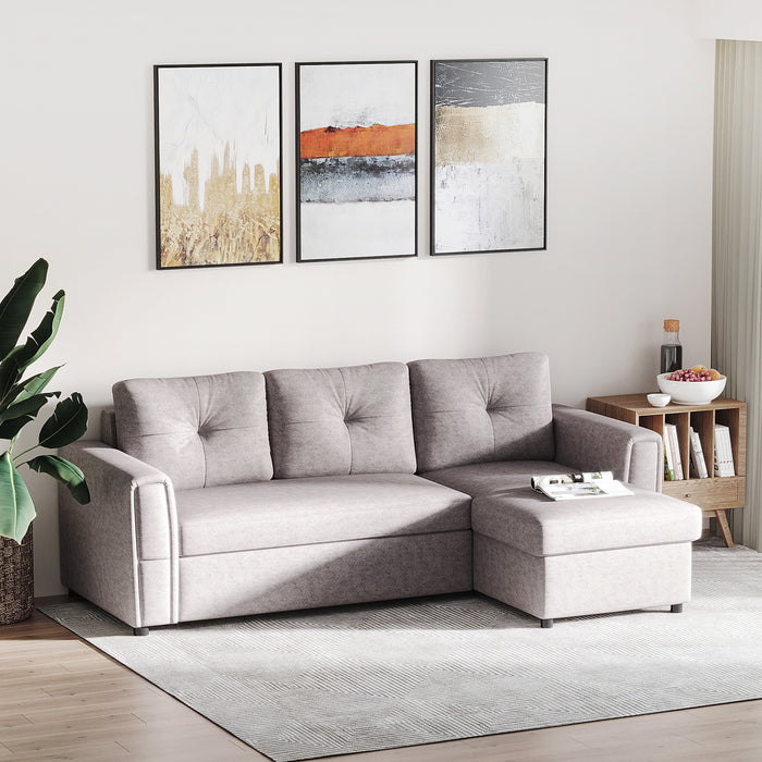 Linen-Look Reversible L-Shaped Sofa Bed - Sleeper Sectional with Storage, Futon Design for Flat Studio - Ideal Space-Saving Furniture in Grey