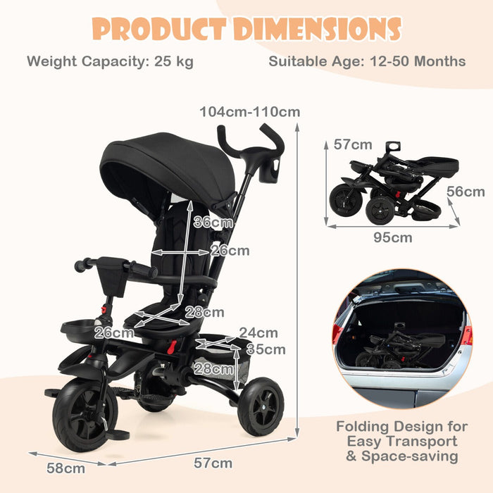Baby Tricycle - Foldable Design with 360° Swivel Seat and Adjustable Sun Canopy in Black - Ideal for Outdoor Adventures for Little Ones