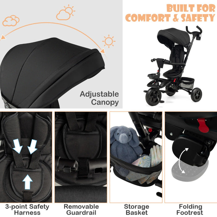 Baby Tricycle - Foldable Design with 360° Swivel Seat and Adjustable Sun Canopy in Black - Ideal for Outdoor Adventures for Little Ones