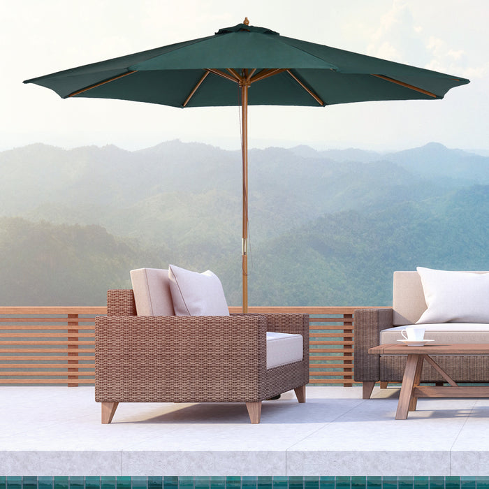 Wooden Patio Umbrella 3m - Pulley-Operated Garden Parasol with 8 Ribs in Dark Green - Ideal for Outdoor Shade and Relaxation