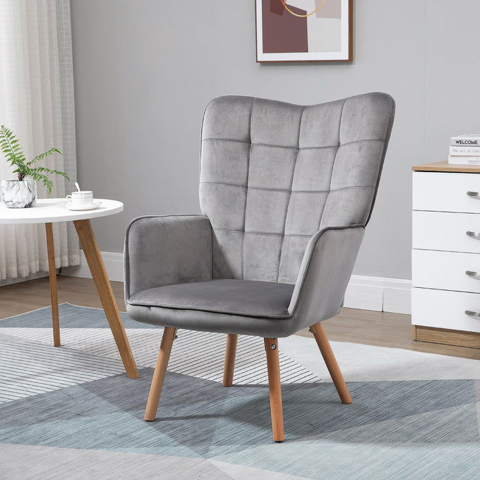 Velvet-Touch Tufted Wingback Armchair - Upholstered, Modern Leisure Lounge Club Sofa with Wooden Legs in Grey - Elegant Furniture for Stylish Comfort & Relaxation