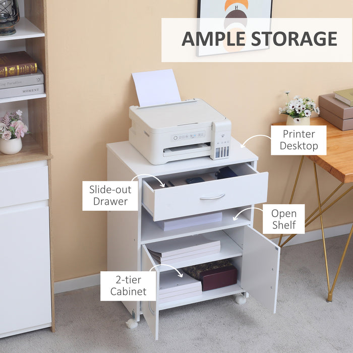 Mobile Printer Cabinet with Storage - Open Shelf and Drawer Design for Organized Office Space - Ideal for Home and Office Use