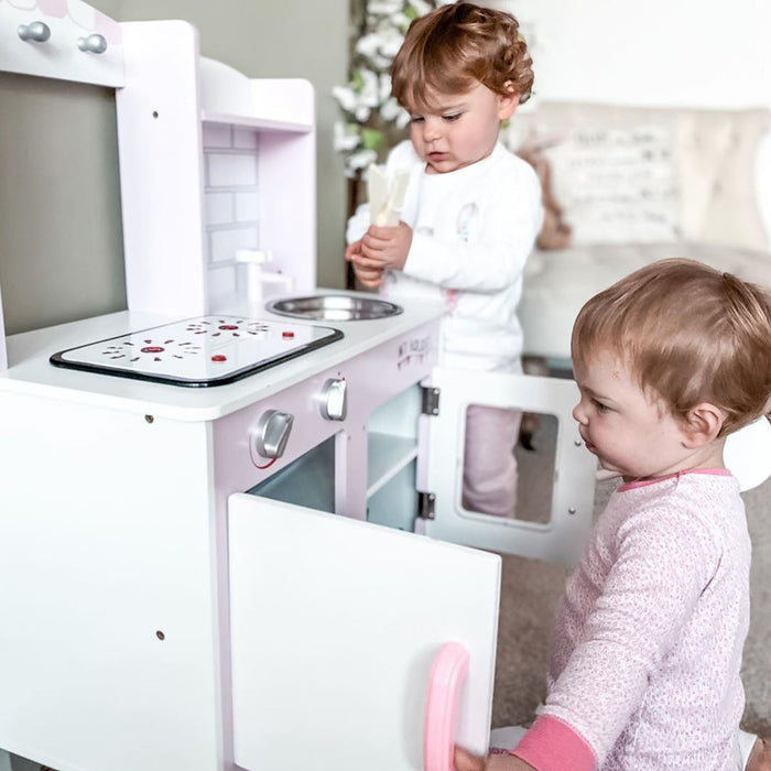 Wooden Kids Play Kitchen Set with Cooking Sounds - Complete Pretend Playset with Utensils, Pans, and Storage - Ideal for Children's Role Play and Learning, Age 3+, in Pink