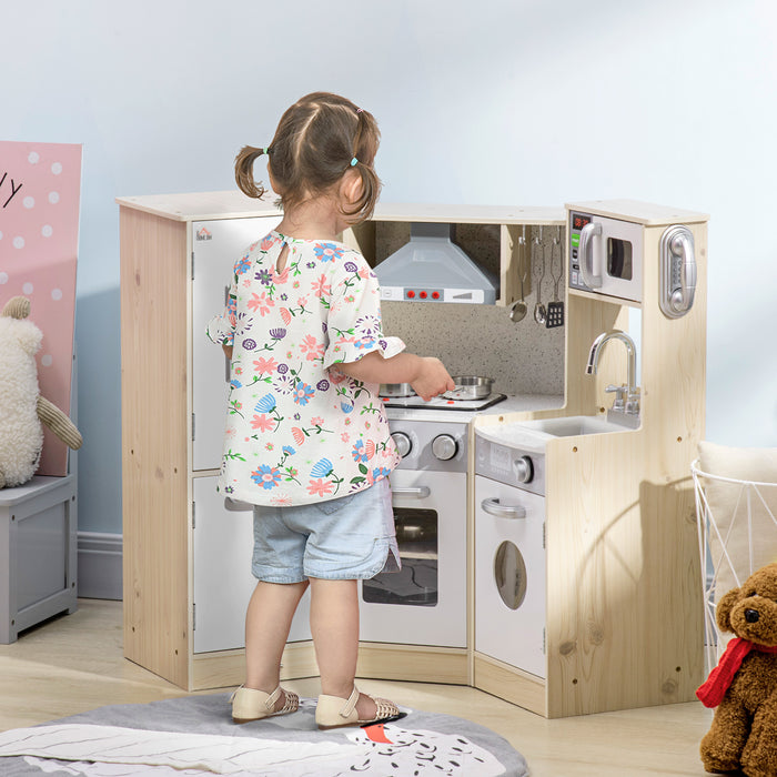 Wooden Corner Play Kitchen Set - Interactive Children’s Pretend Cooking Area with Sound, Light, and Role-Playing Accessories - Ideal for Creative Play and Developing Life Skills