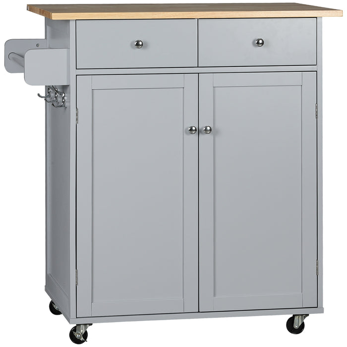 Rolling Kitchen Island Cart with Rubberwood Top - Multi-Purpose Utility Cart with Towel Rack, Hooks & Storage Drawers - Space-Saving Mobile Serving Station for Home Chefs & Entertainers