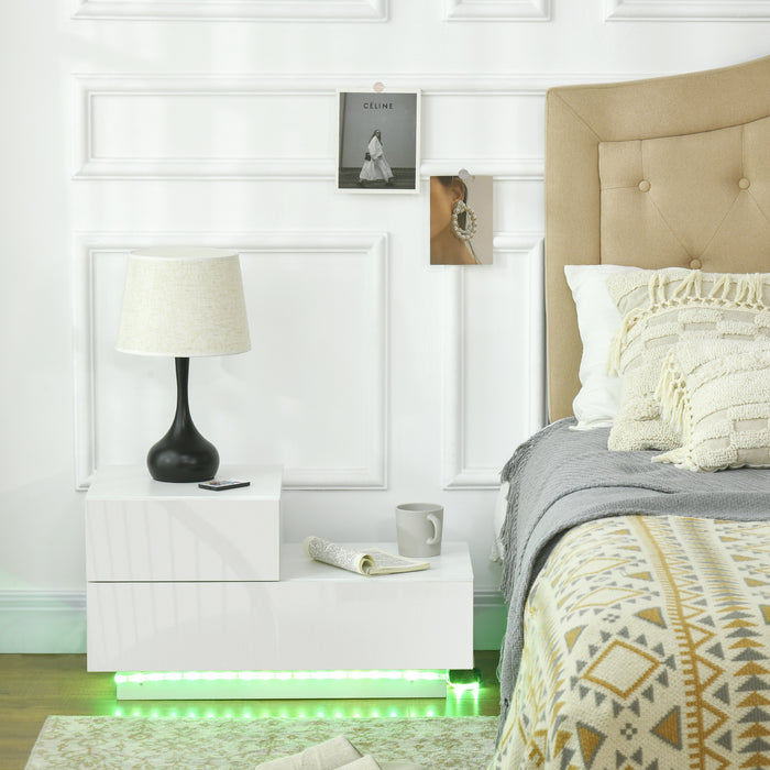 Modern High Gloss Bedside Cabinets with Drawers - Sleek Nightstand with RGB LED Lighting & Remote Control - Perfect for Bedroom & Living Room Ambiance