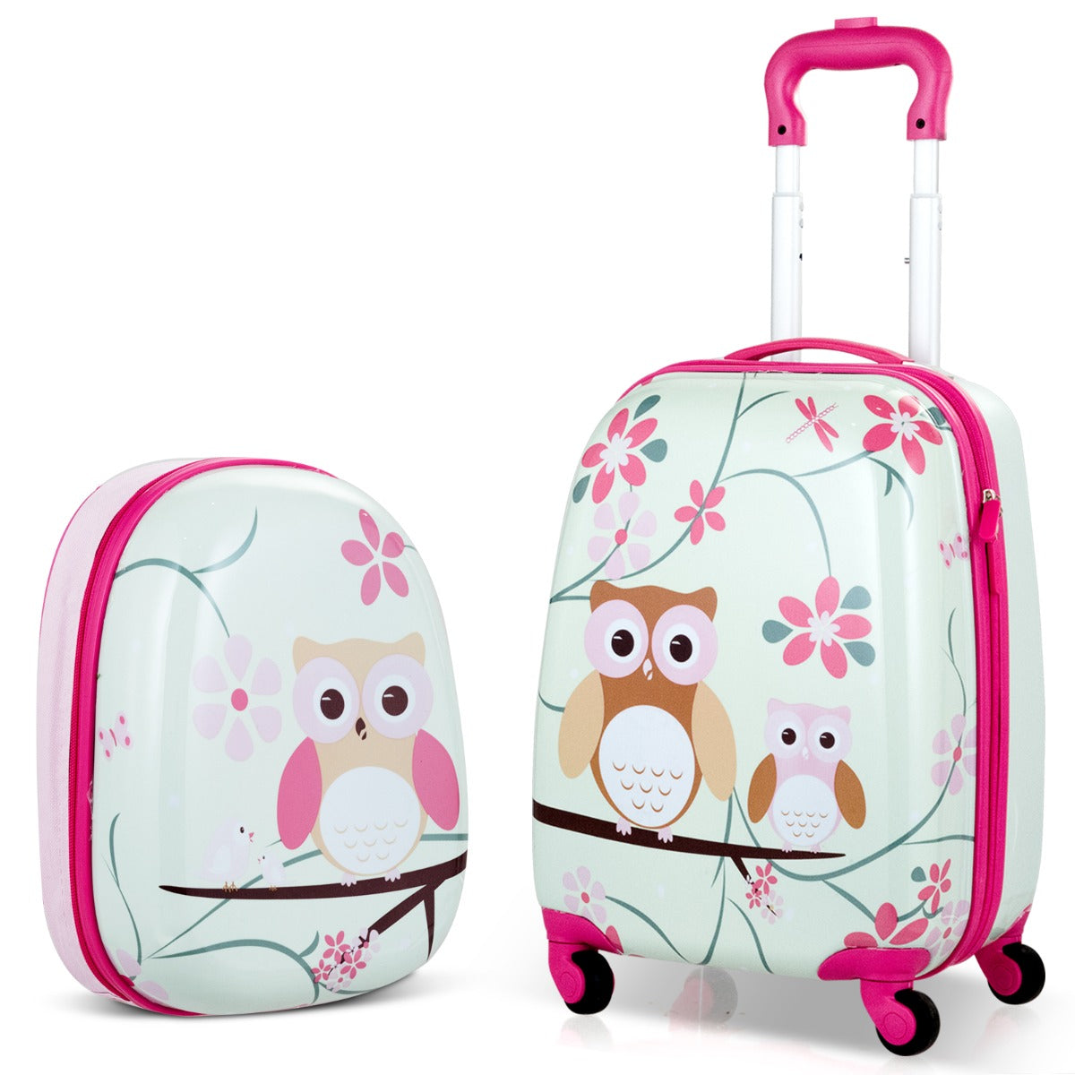 Kids Travel Buddies - 2 Piece Owl Themed Luggage Set including Carry-on Suitcase and Backpack - Perfect for Children's Traveling Needs